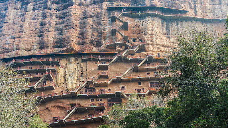 The outside view of Maijishan Grottoes in Tianshui
