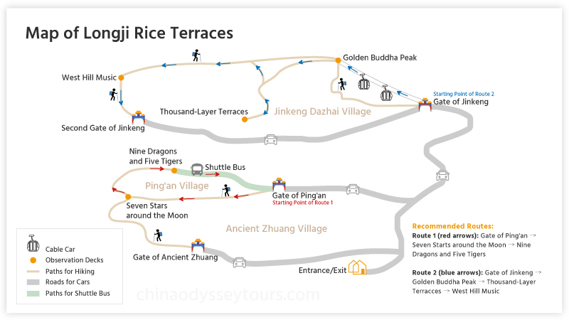 Map of Longji Rice Terraces with best routes