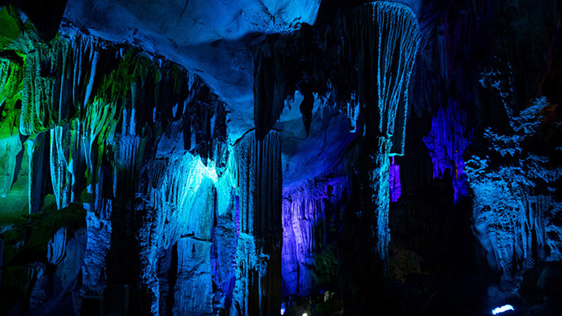 Beautiful stalagmites under colorful lights in the cave
