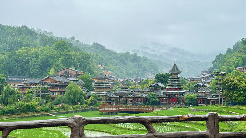 Zhaoxing Dong Village on a foggy day