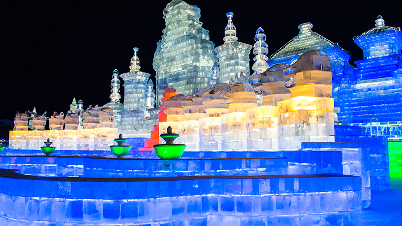 Splendid ice castle built with ice bricks