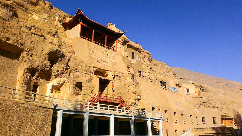 The outside view of Mogao Grottoes in Dunhuang